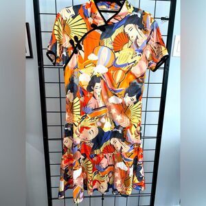 Qingpao style drop waist dress with beautiful Geisha pattern NWOT
